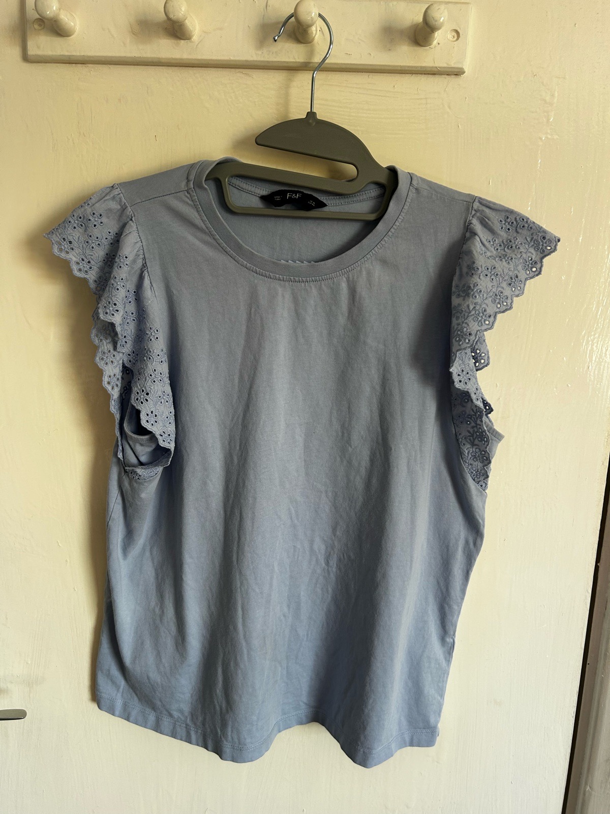 F&F Light Blue Broderie Anglaise Flutter Sleeve Top UK 16