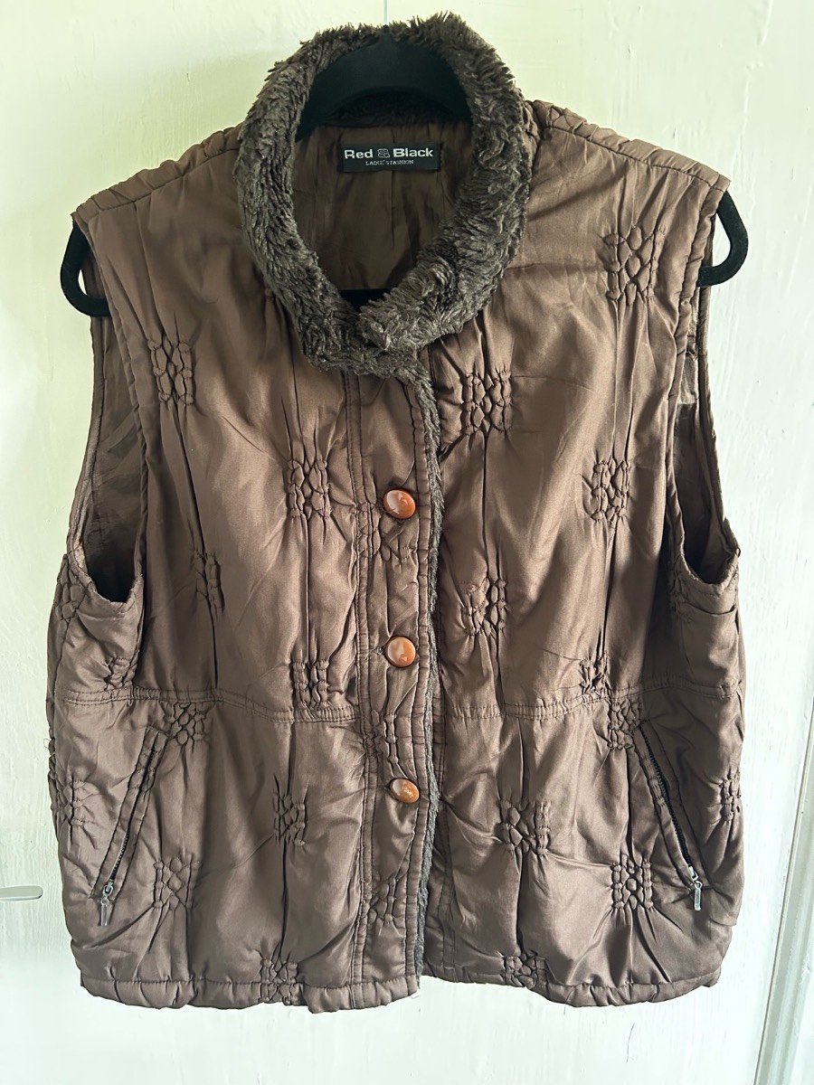 Brown Ruched Gilet Bodywarmer Fur Collar Vest Jacket Size M