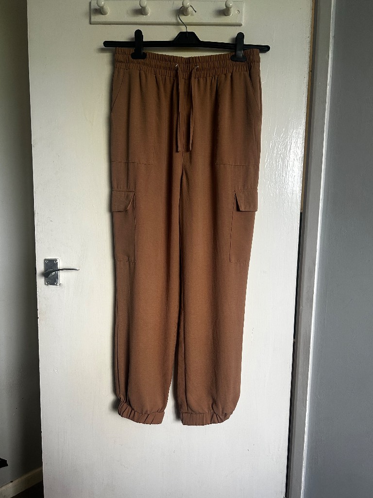 NEW LOOK Camel Brown Cargo Trousers UK 12 | Women’s Joggers Elasticated Waist Drawstring Utility Pan