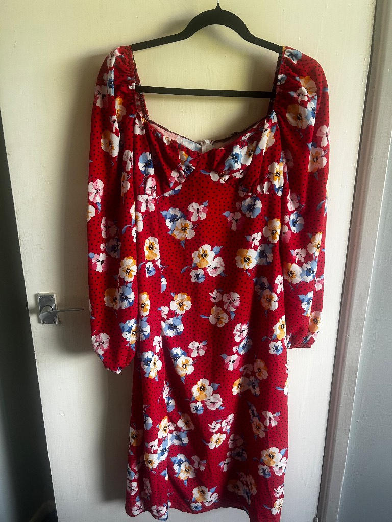 MISSGUIDED Red Floral Polka Dot Milkmaid Dress UK 12 Midi Cottagecore Long Sleeve