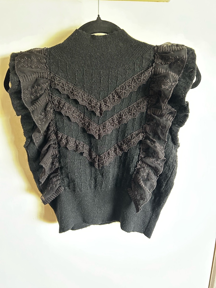 Zara Black Sleeveless Knit Top with Lace Ruffle Detail - Size M