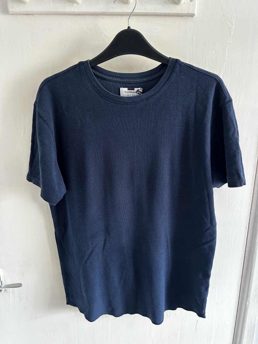 TOPMAN Men’s Navy Blue Waffle Knit T-Shirt | Size Small S | Crew Neck Short Sleeve Top