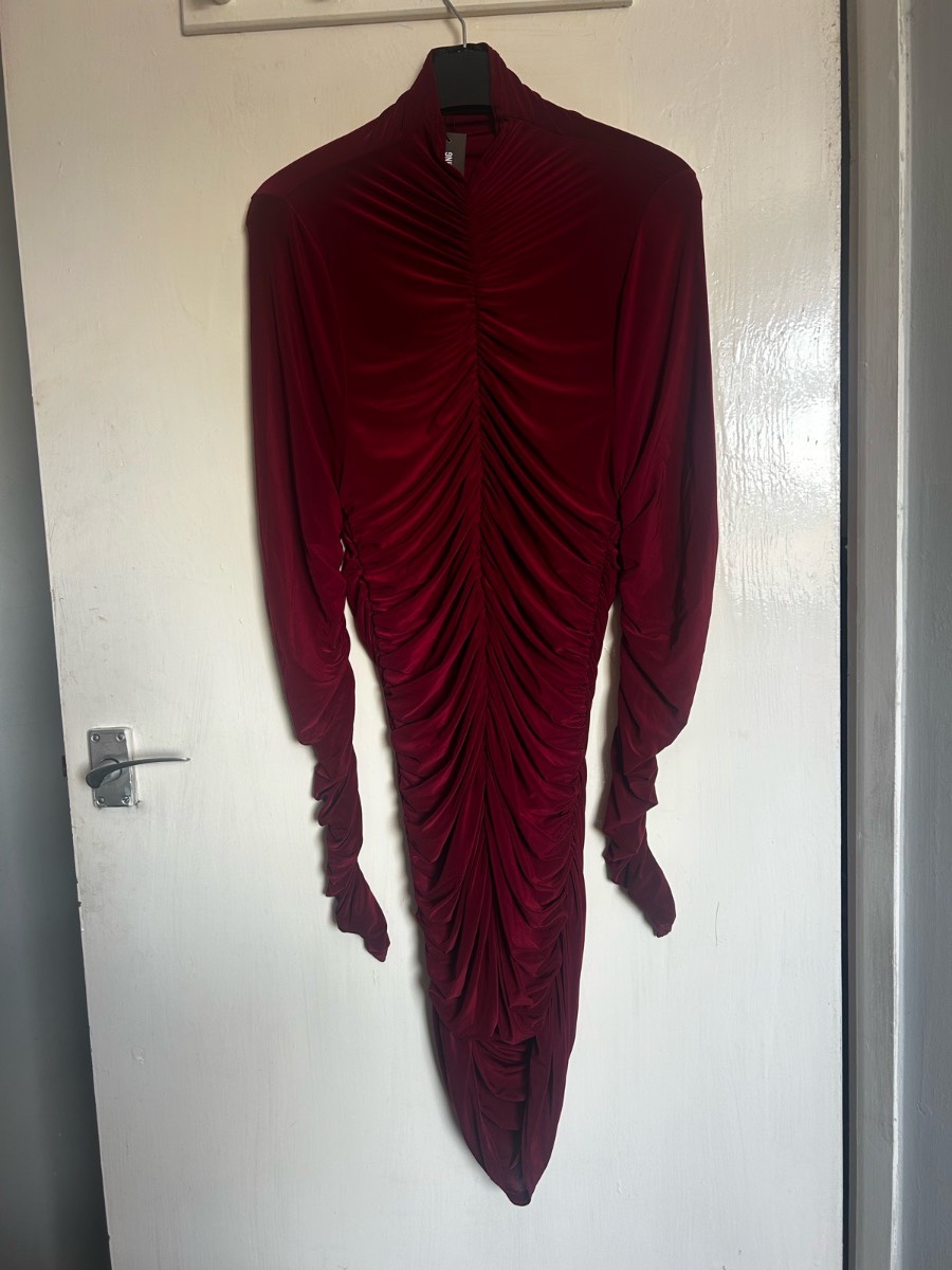 PrettyLittleThing Ruched High Neck Long Sleeve Slinky Mini Dress