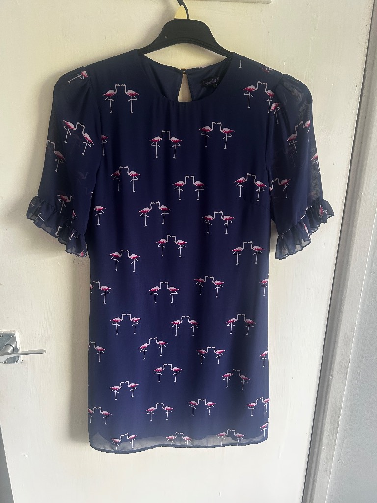 Sugarhill Boutique Flamingo Print Dress Navy Blue Mini Dress Size S Small Ruffle Sleeve
