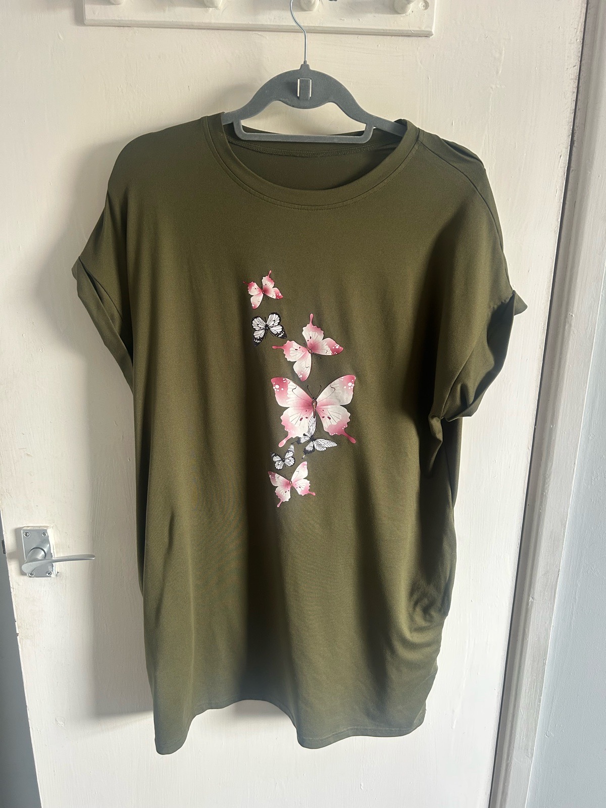 SHEIN Khaki Green Butterfly Print Oversized T-Shirt Dress / Longline Top with Pockets (Size M / UK 1