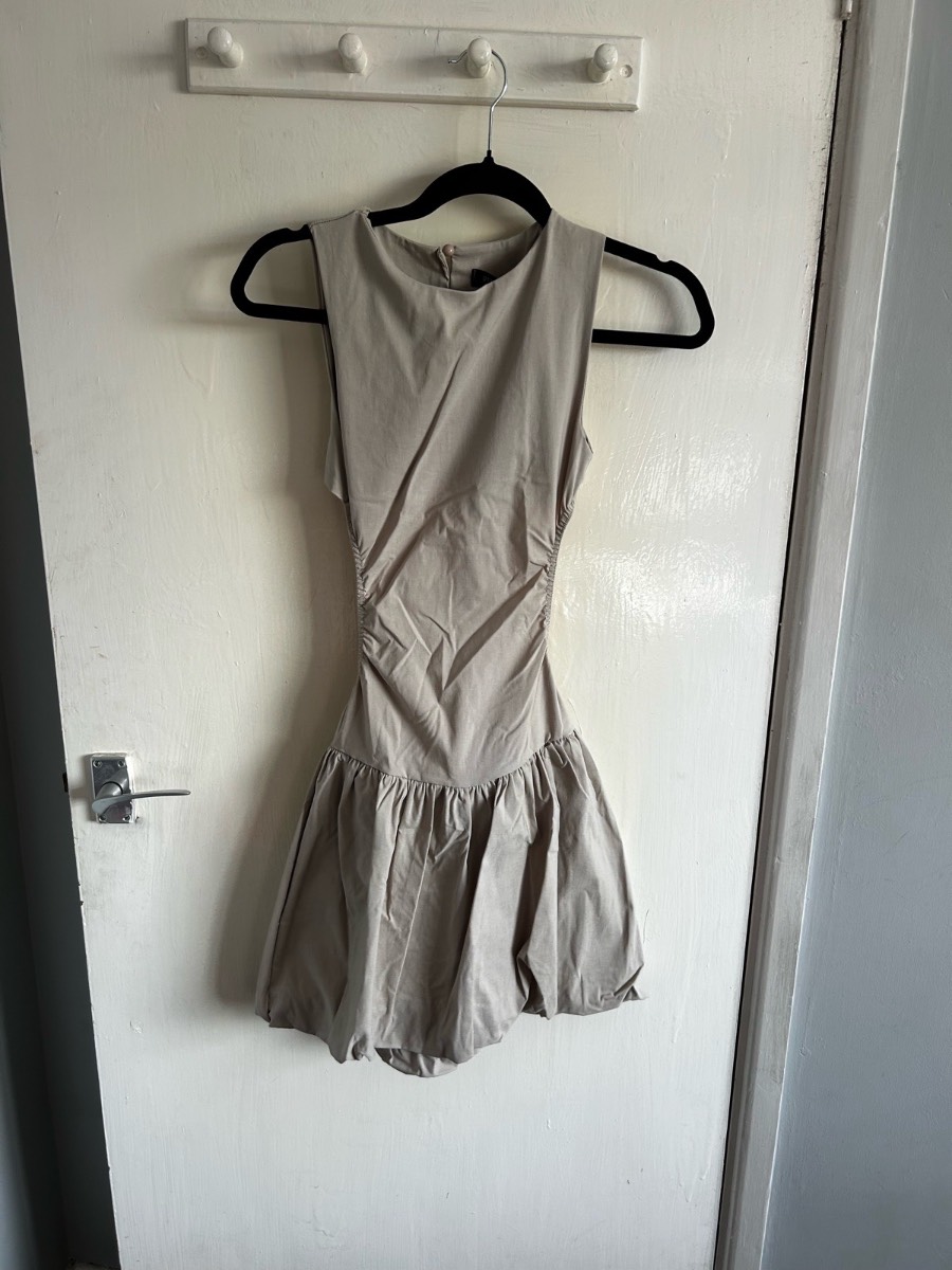 BNWT Rebellious Fashion Beige Cut Out Side Puffball Mini Dress Size 6 Gabrielle
