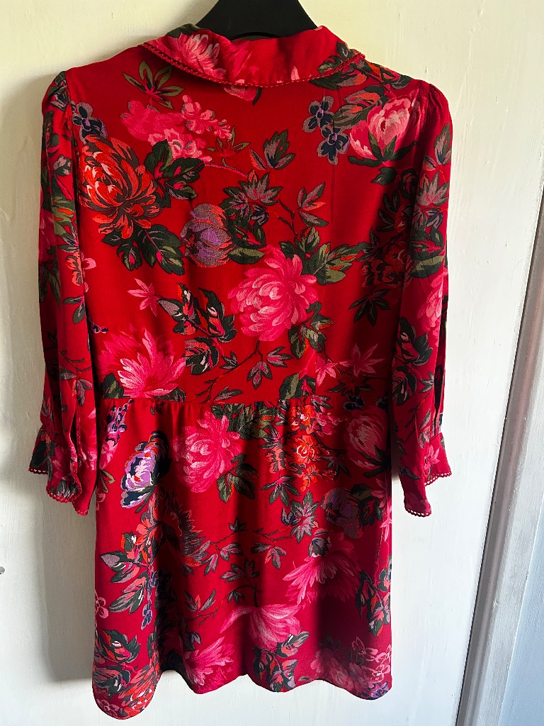 Zara Red Floral Mini Shirt Dress | XS Long Sleeve Chiffon Tea Dress