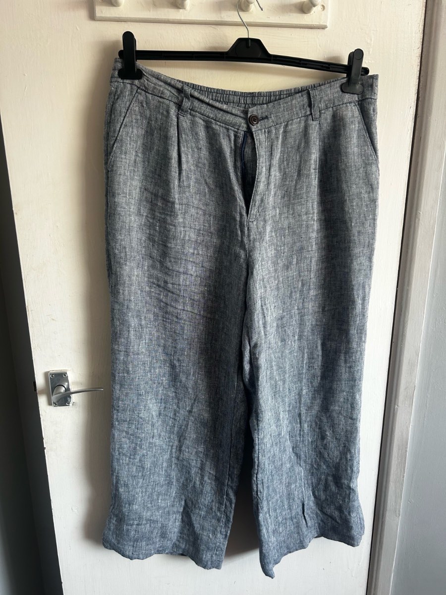 Lands' End Blue Linen Wide Leg Trousers Culottes High Waisted UK 18 / US 14