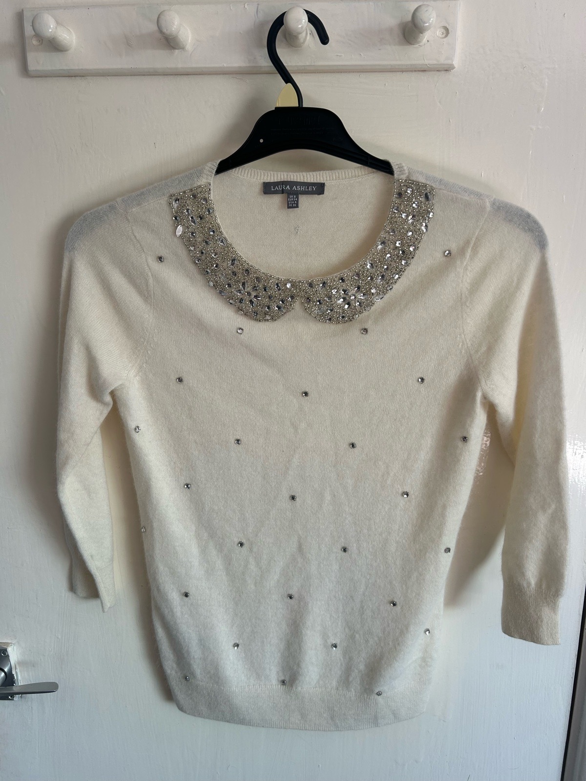 Laura Ashley Cream Embellished Jumper UK 8 Lambswool Angora Beaded Collar Top