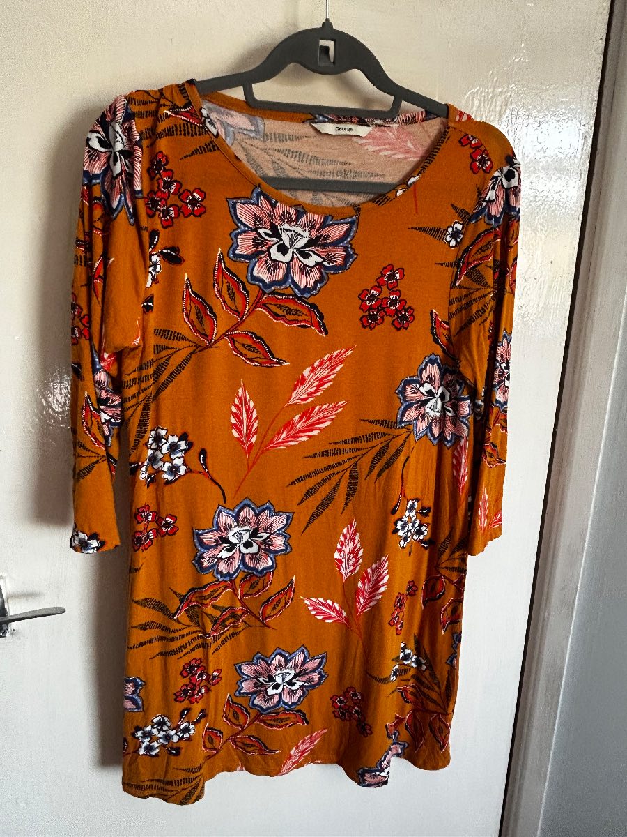 George Ochre Mustard Floral Print Mini Shift Dress Size 12 3/4 Sleeve