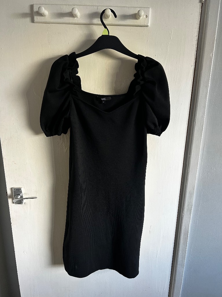 Next Black Dress Size 12 Puff Sleeve Mini Square Neck Ribbed Knit LBD