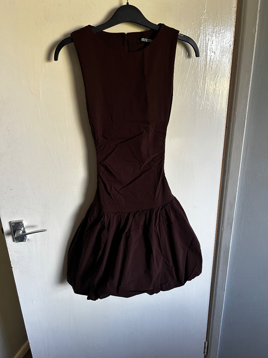 REBELLIOUS Fashion Brown Balloon Hem Mini Dress - Size 8 - Brand New With Tags Open Back