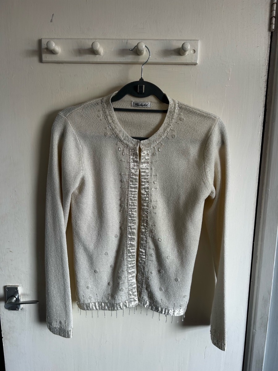 Vintage Berkertex Ivory Shimmer Beaded Cardigan Evening Jacket Size 10-12
