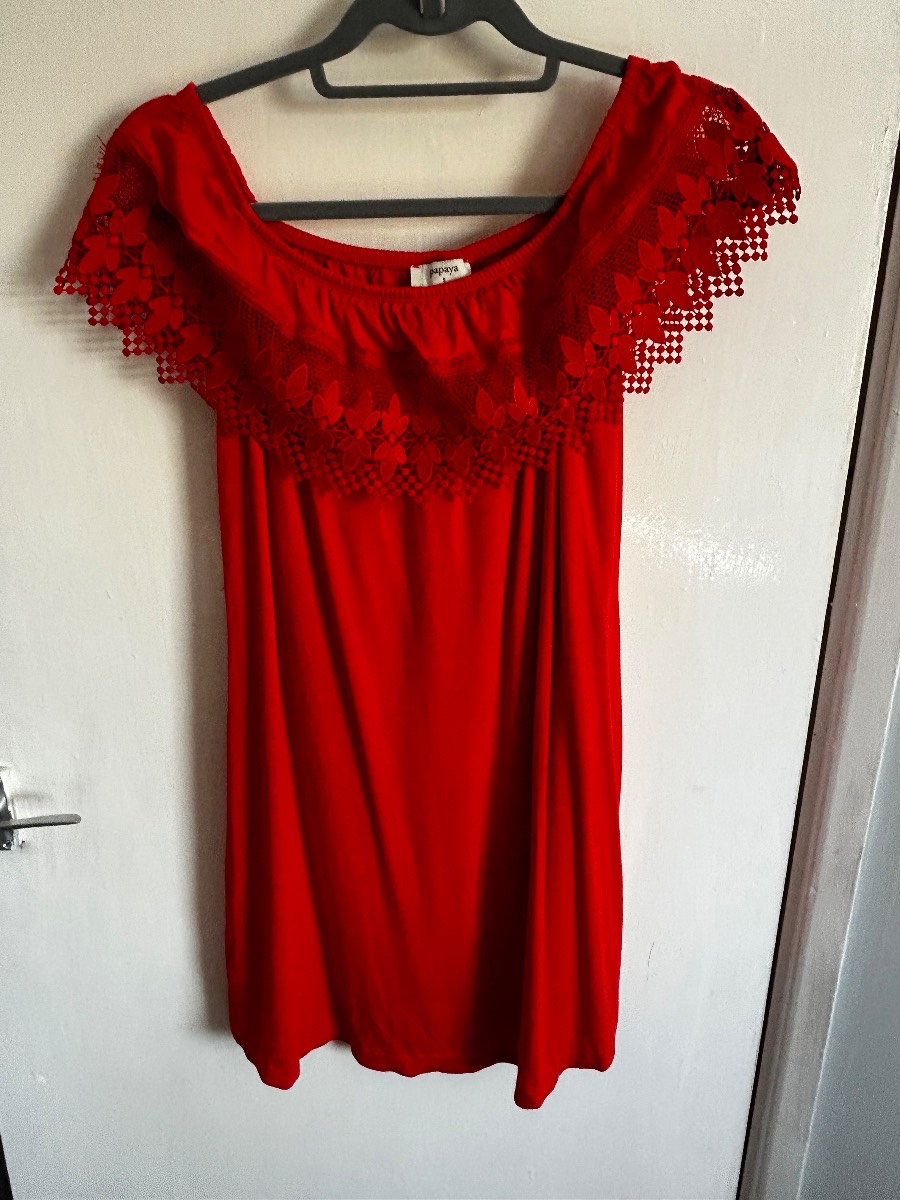 Papaya Red Off-The-Shoulder Bardot Lace Mini Dress - Size S (UK 8/10)