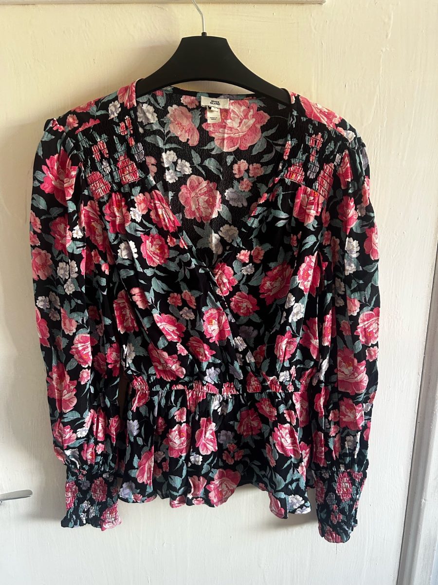 River Island Black Floral Wrap Blouse Top UK 8 Shirr Peplum Boho