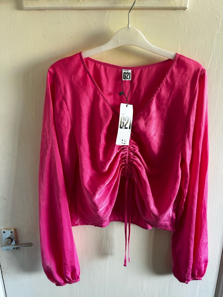 BNWT George G21 Hot Pink Ruched Front Satin Crop Top Long Sleeve Blouse Size 16