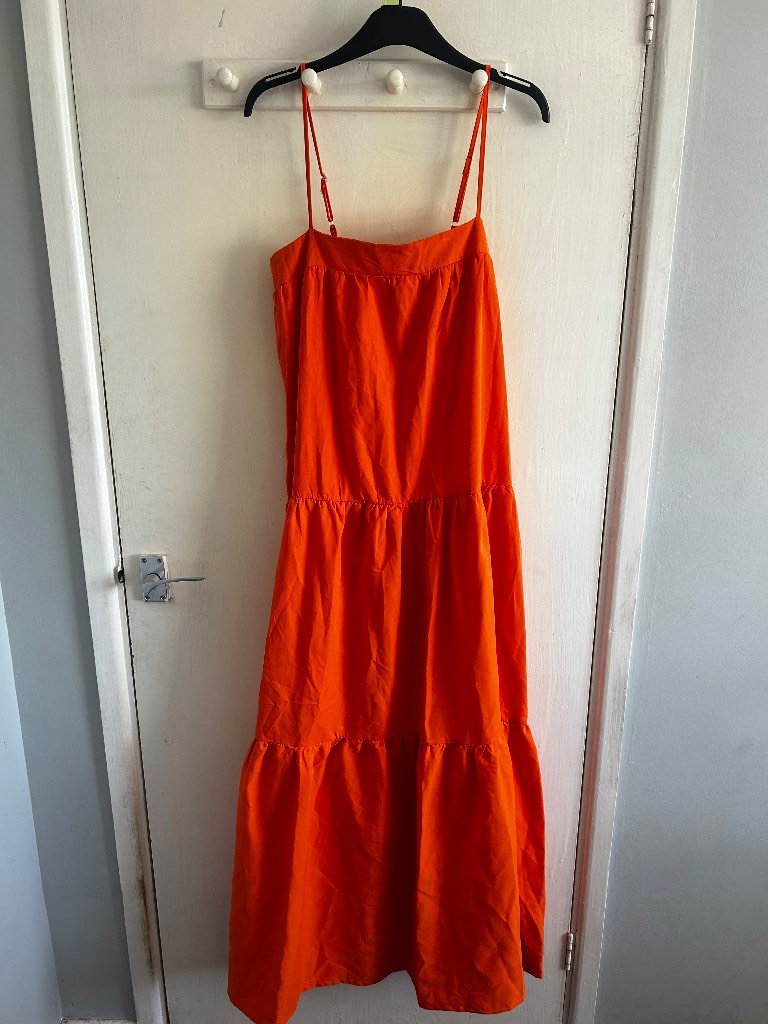 Boohoo Orange Maxi Dress Size 12 Neon Coral Tiered Smock Summer Sundress