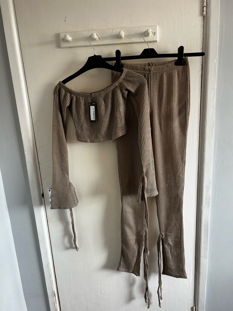 PLT Khaki Ribbed 2-Piece Co-ord Set BNWT Size 8 | Off-Shoulder Crop Top & Split Hem Flare Leggings