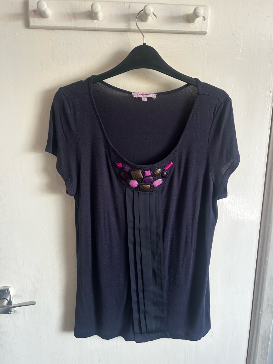 M&S Per Una Navy Jewel Embellished Pleated Top Size 14 | Short Sleeve T-Shirt