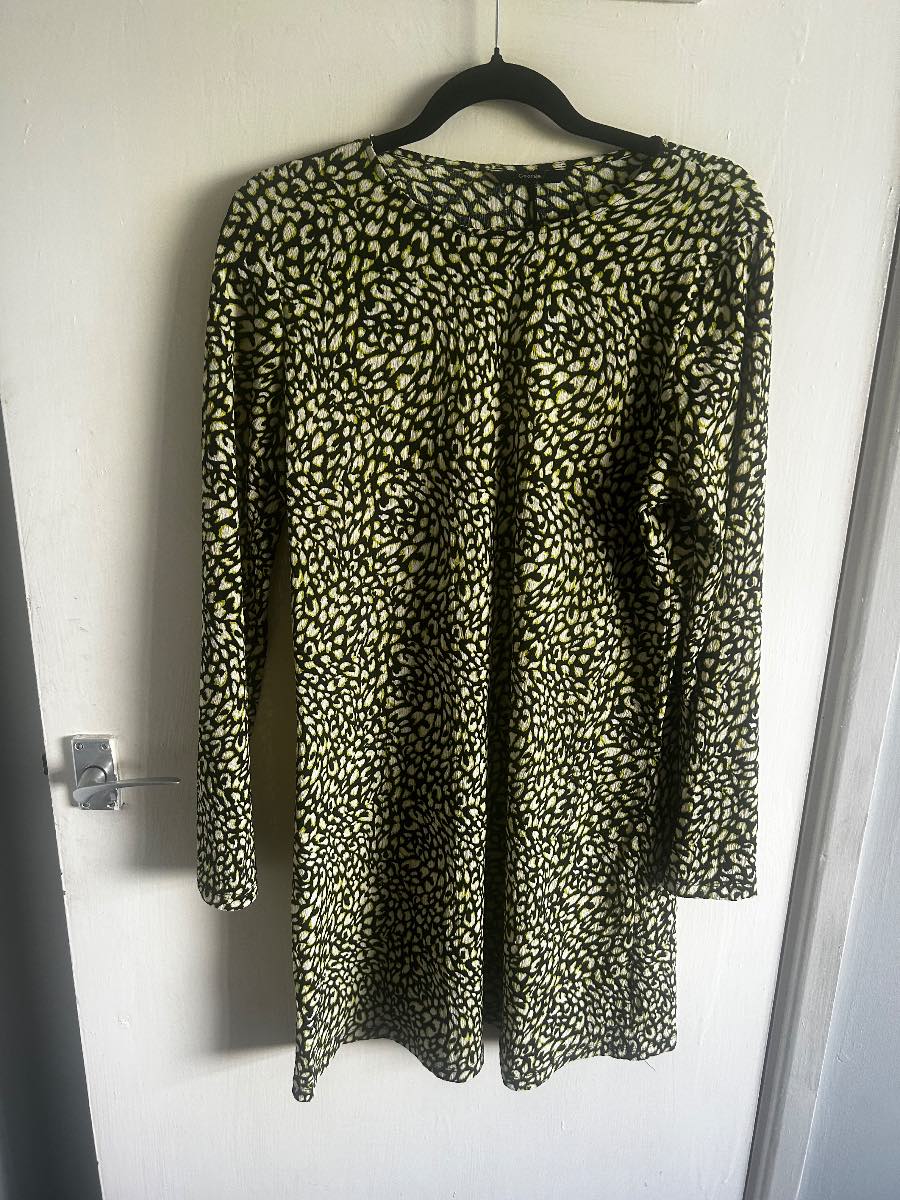 George Lime Green & Black Animal Print Shift Dress - Size 14 - Long Sleeve Mini