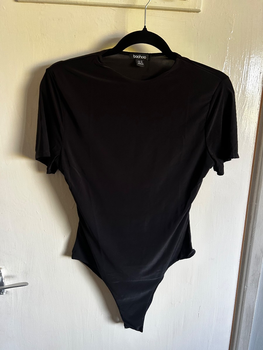 Boohoo Black Slinky Bodysuit UK 14 BNWT Double Layer Short Sleeve Top