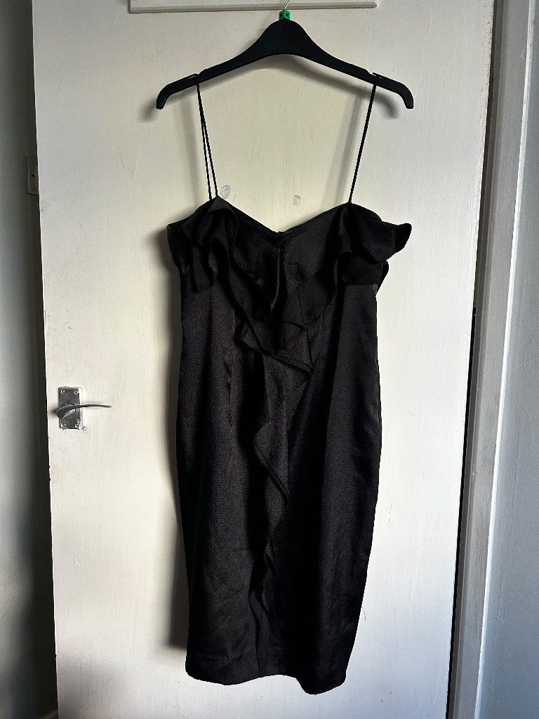 Amanda Wakeley Black Ruffle Midi Dress UK 14 Elements Satin Style Cocktail LBD