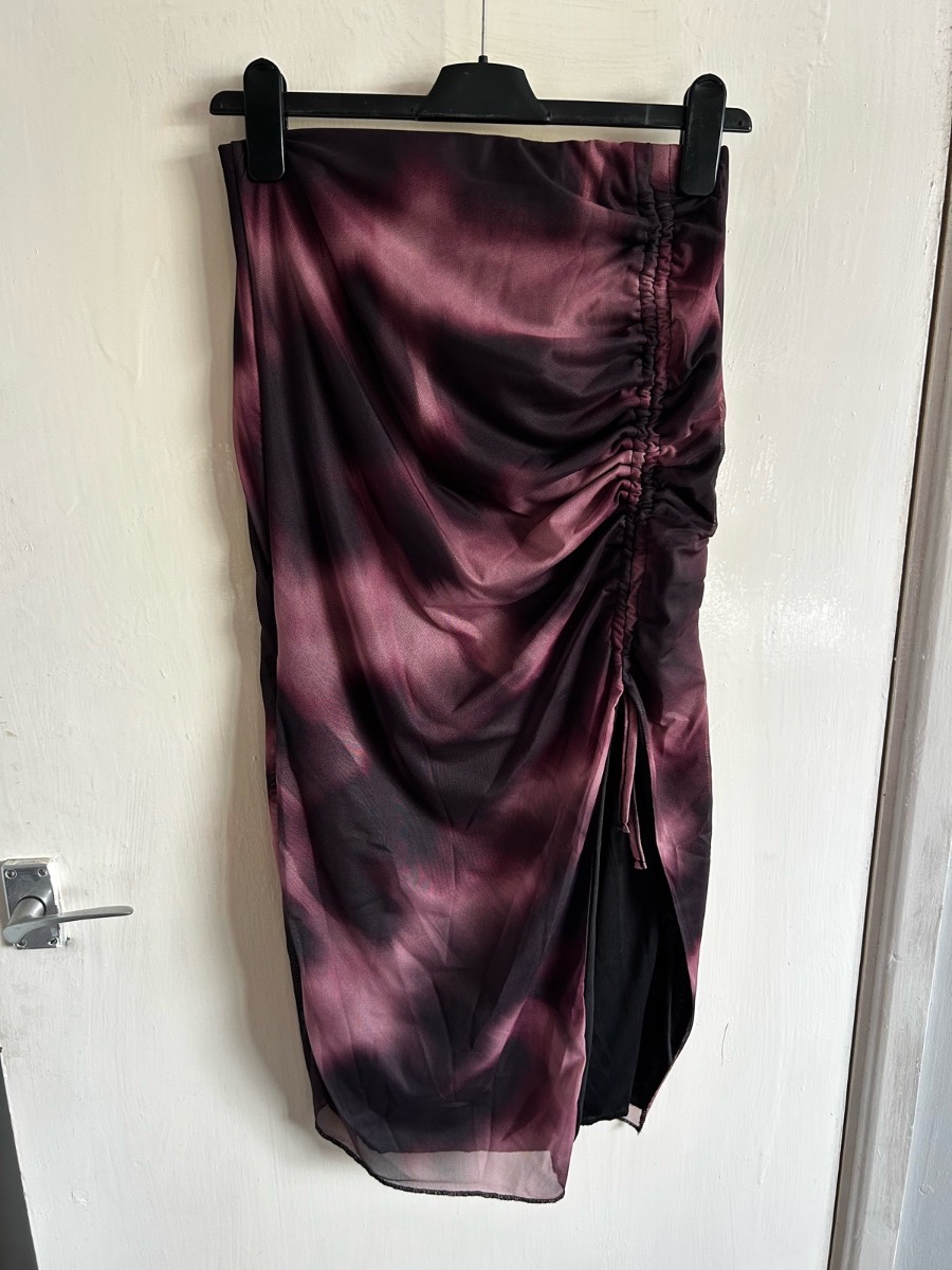 BNWT Boohoo Purple Mesh Ruched Midi Skirt Size 14 | Y2K Grunge Slit Skirt