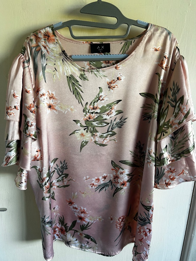 AX Paris Floral Satin Blouse Pink Rose Gold Layered Ruffle Sleeve Top Size 14