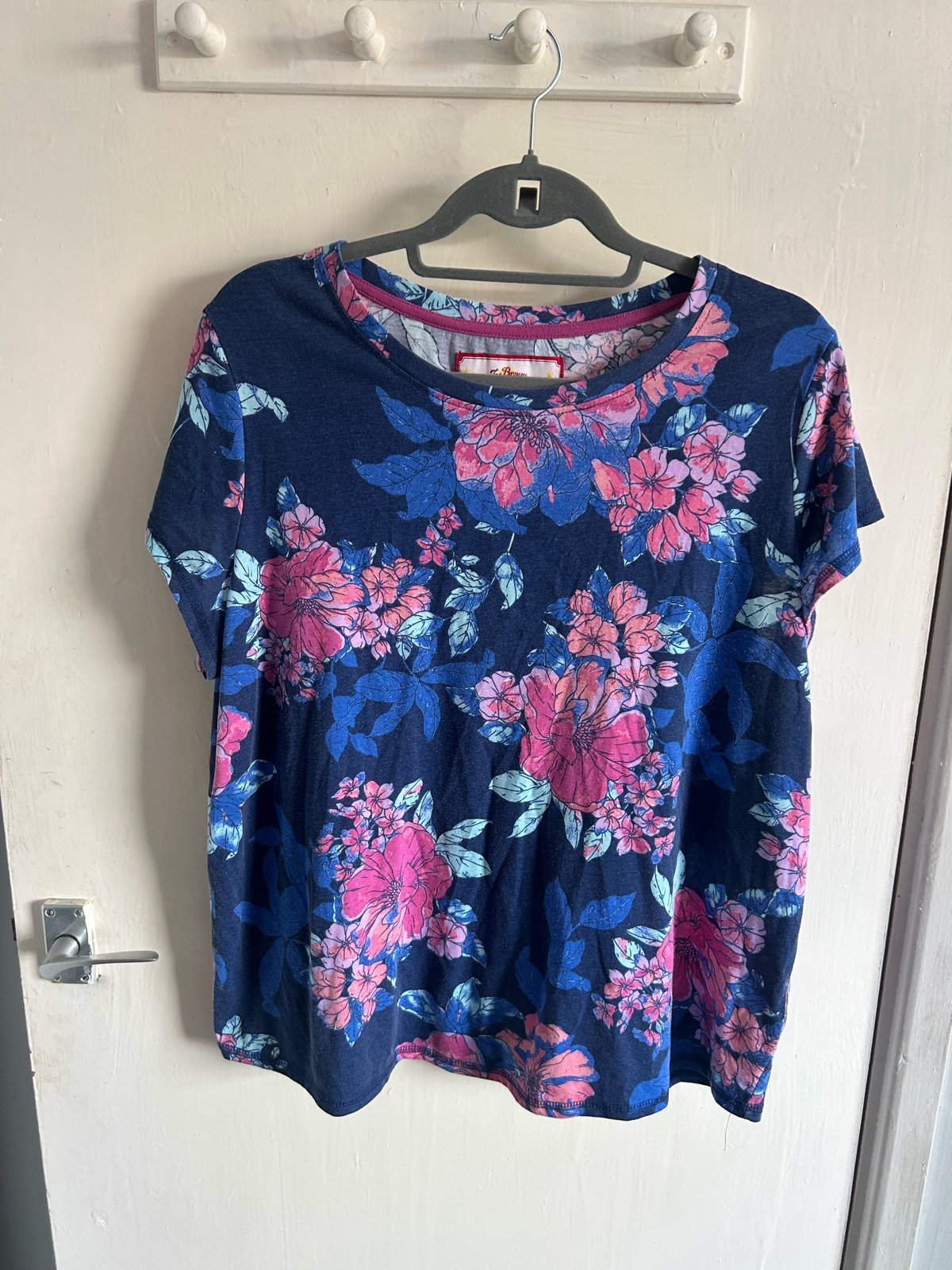 Joe Browns Floral T-Shirt Top Navy Blue Pink Size UK 16/18 Boho Casual Short Sleeve