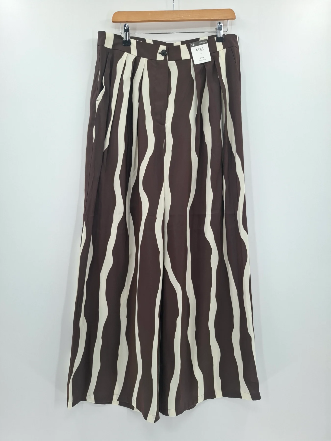 Marks and spencer Brown Cream Zebra Stripe Wide Leg High Rise Trousers Boho size 16