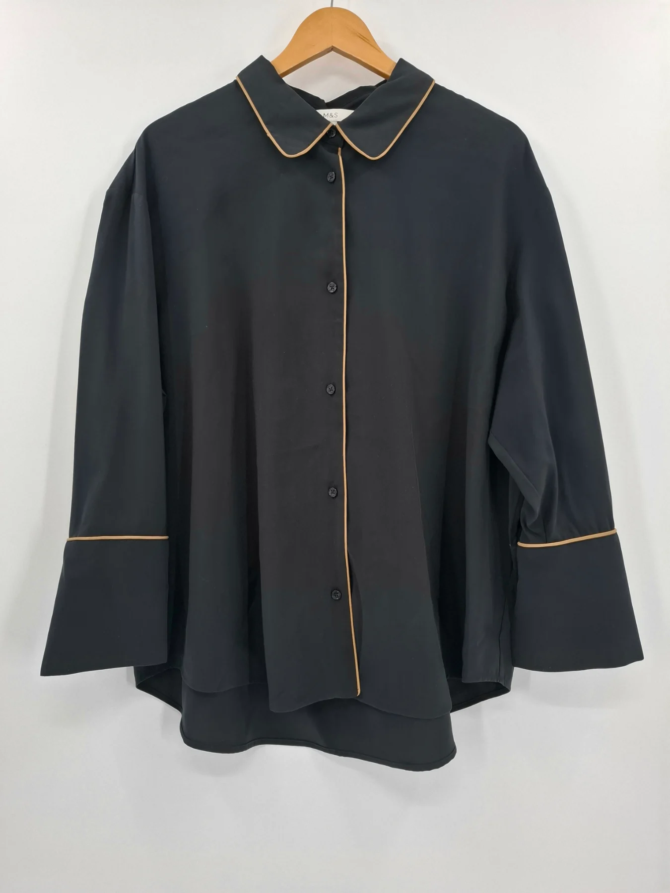 Marks and Spencer black contrast piping collared shirt pyjama style blouse size 16