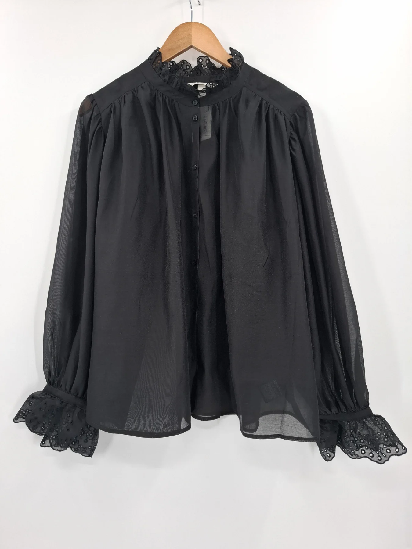 H&M black sheer embroidered frill high neck chiffon blouse Size XL