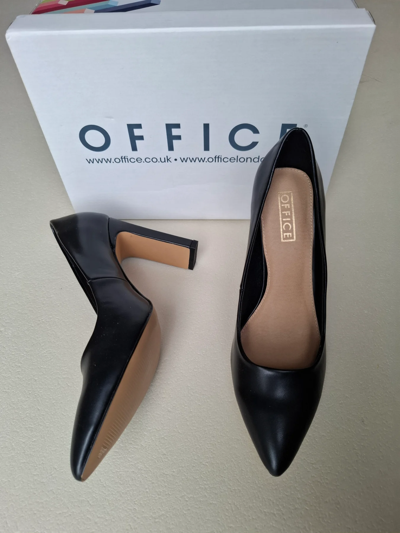 OFFICE Black Pointed Toe Slim Block Heels Smart Workwear Shoes size 6