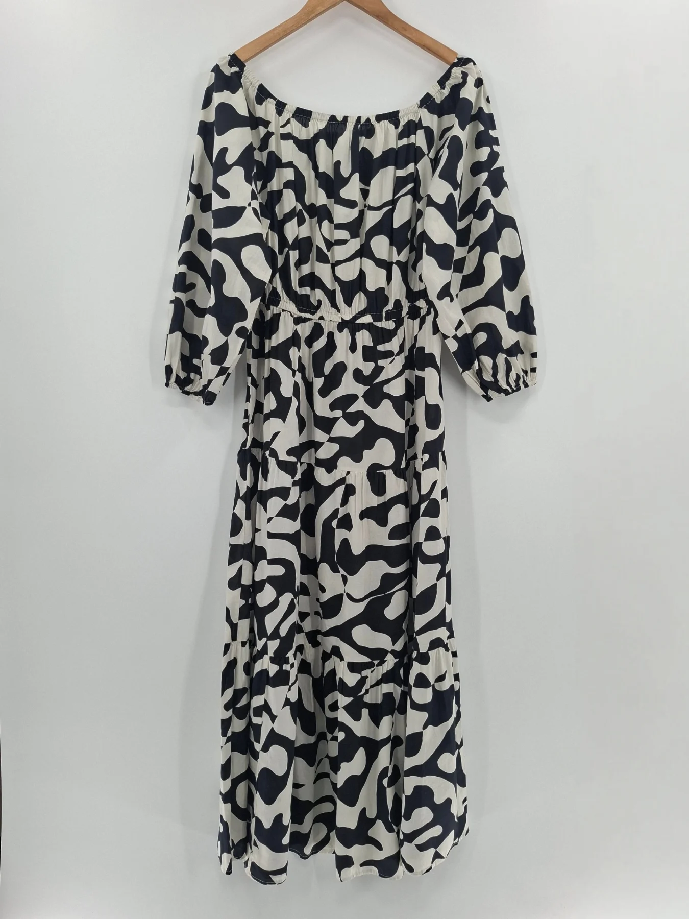 Marks And Spencer Ivory Black Print Tiered Midi Dress Bardot Boho Beach Size 16
