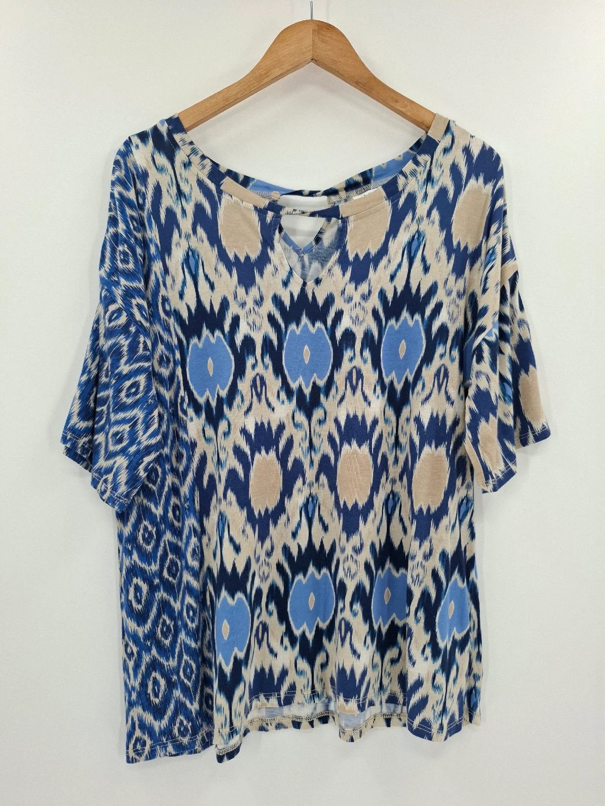 Thought Blue Beige Ikat Print Keyhole Neck Short Sleeve Top UK 10