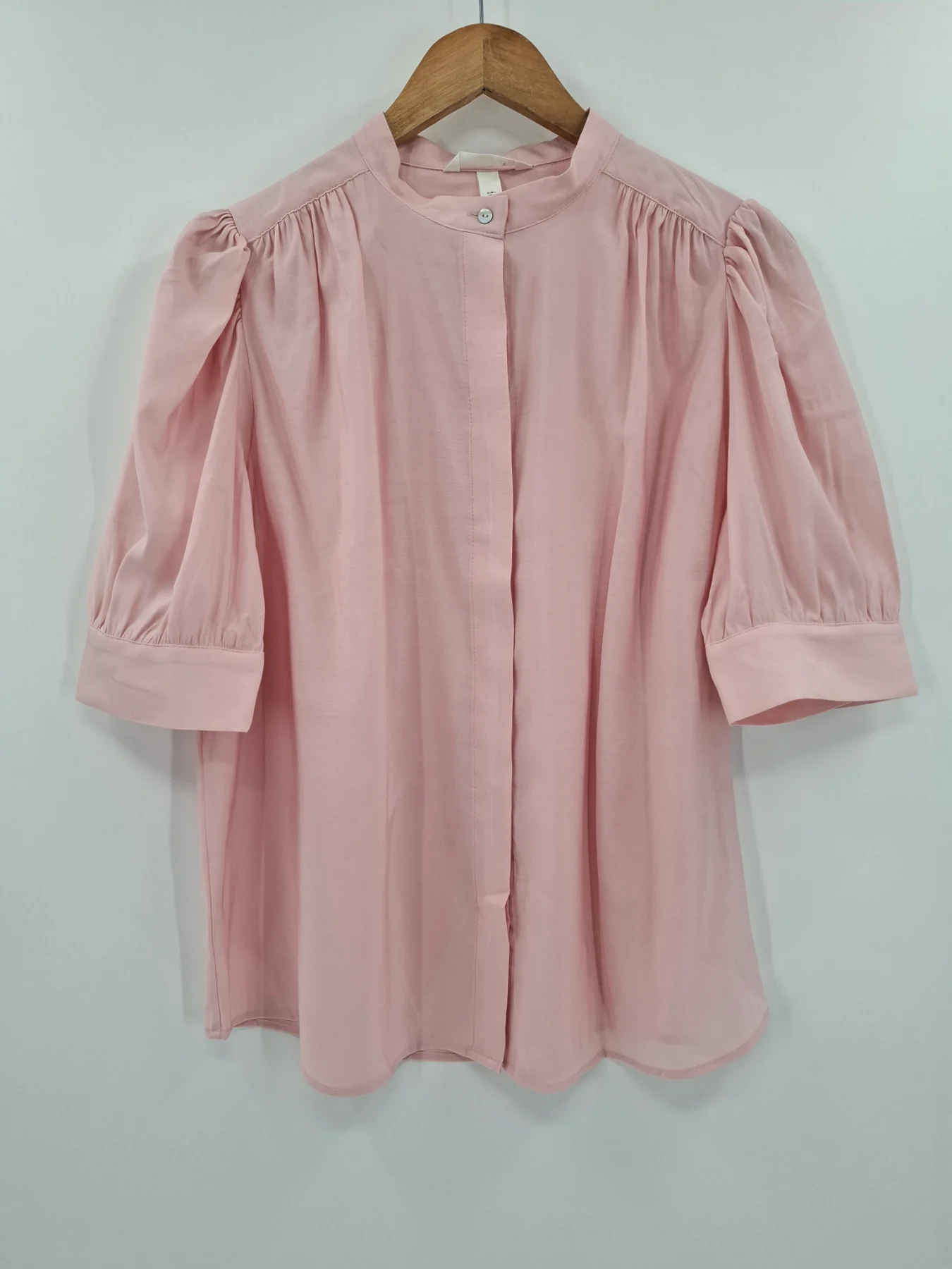 H&M pink puff sleeve blouse grandad collar vintage style Size large