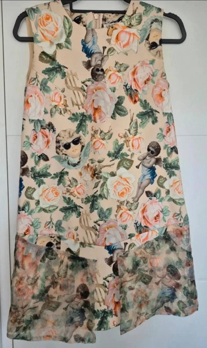 Y2K Cherub Angel Mesh Mini Dress Renaissance Print Quirky Streetwear 8 10