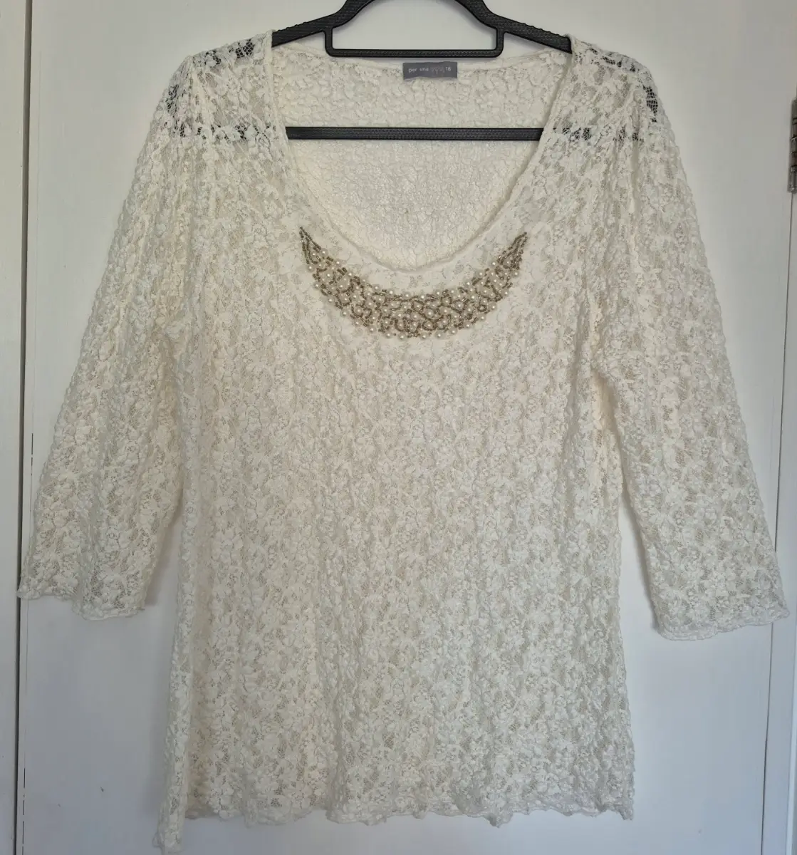 Per Una Cream Lace Evening Top Embellished Pearl Neck 3/4 Sleeve Blouse Size 18