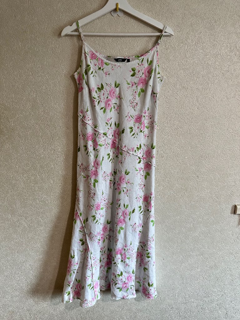 Beautiful vintage Per Una M&S 100% linen white floral dress size 14 long