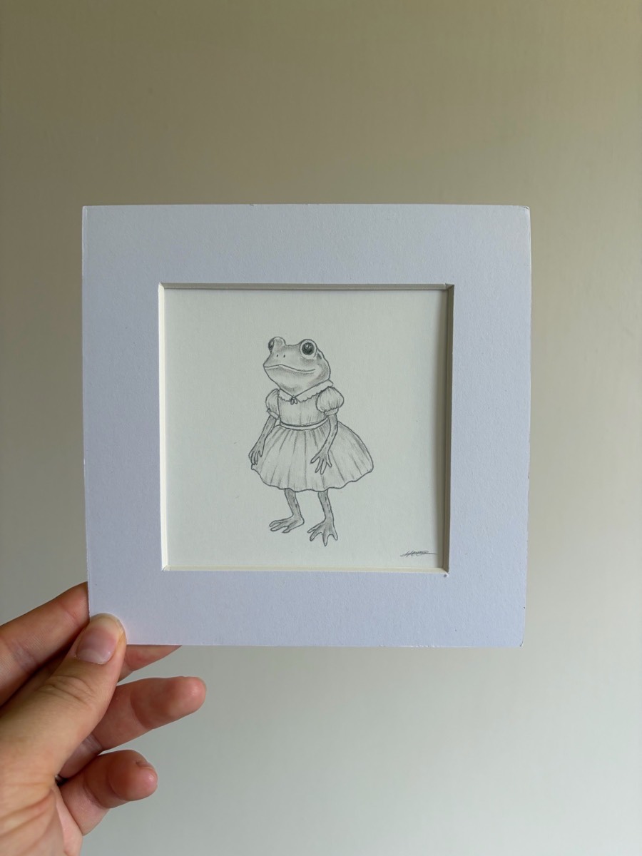 Frog wearing a dress drawing - 6x6 inch mounted art