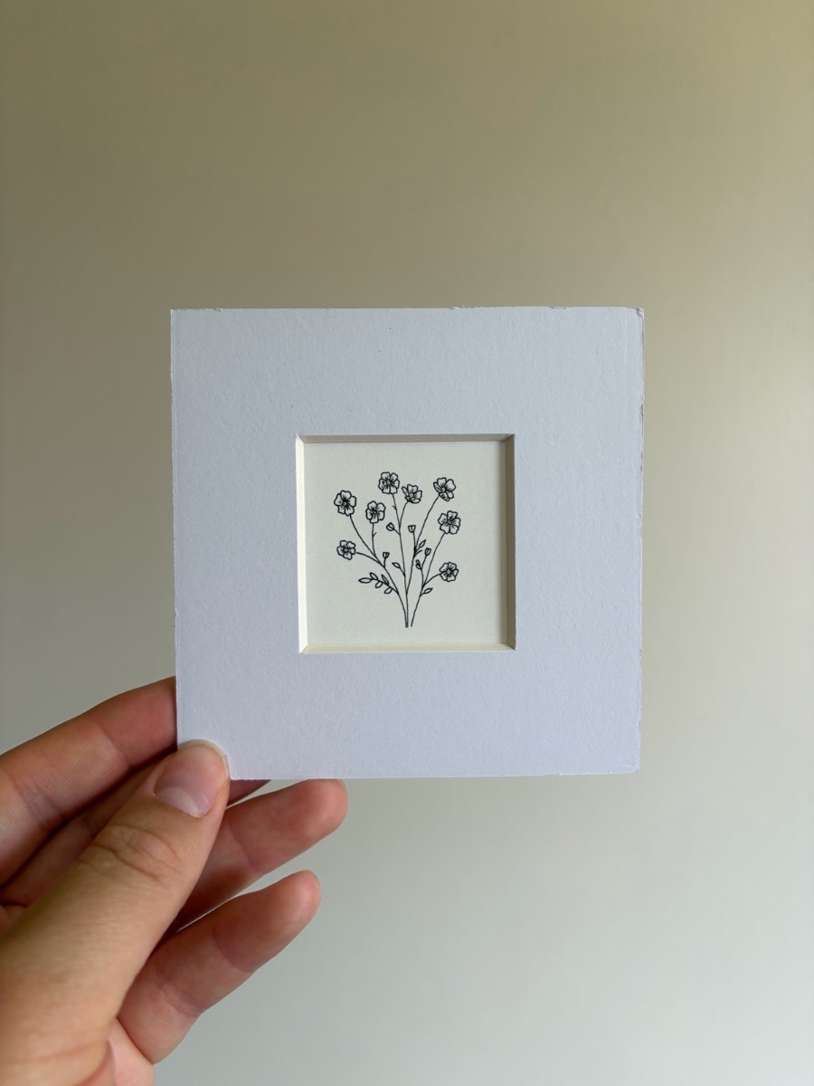 Wildflower fine liner drawing - 4x4 inch art mounted