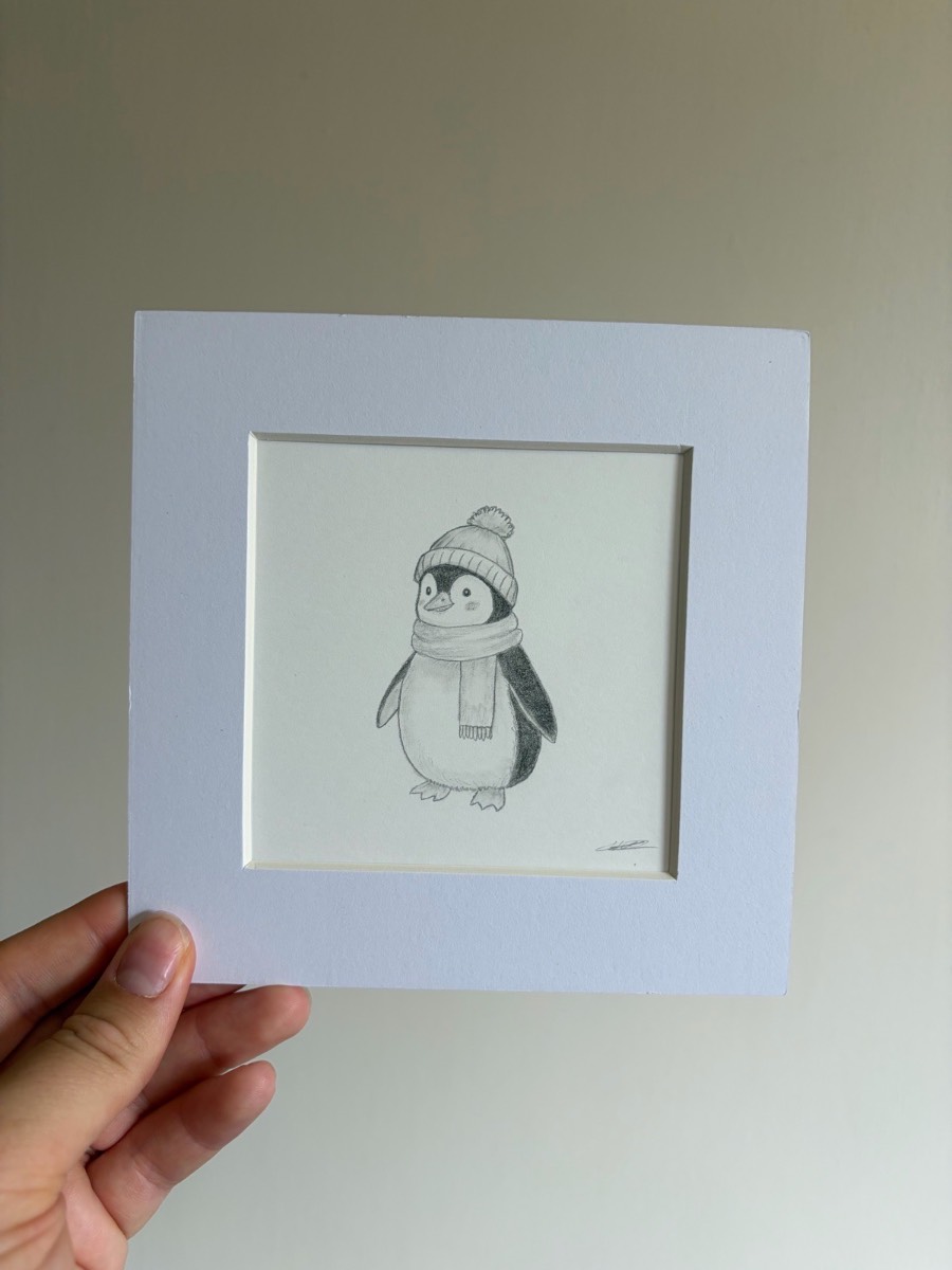Penguin wearing hat and scarf drawing - 6x6 inch mounted art