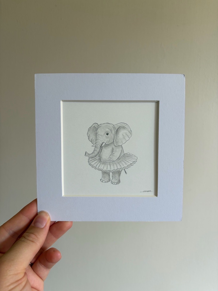Elephant wearing a tutu drawing - 6x6 inch mounted art
