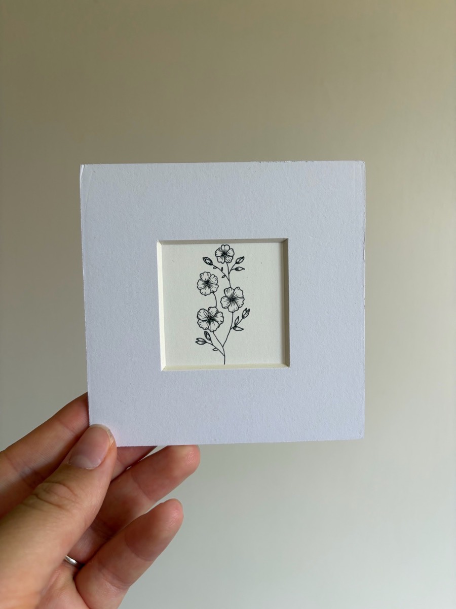 Wildflower fine liner drawing - 4x4 inch mounted art
