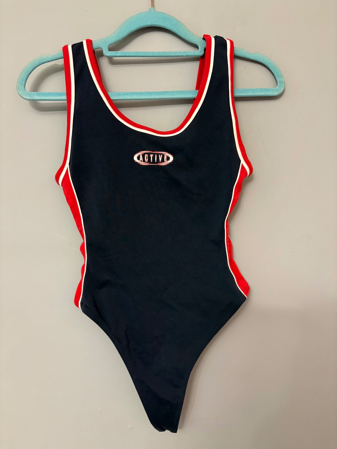 Vintage, St Michael, navy & red, thong, bodysuit, active, workout leotard