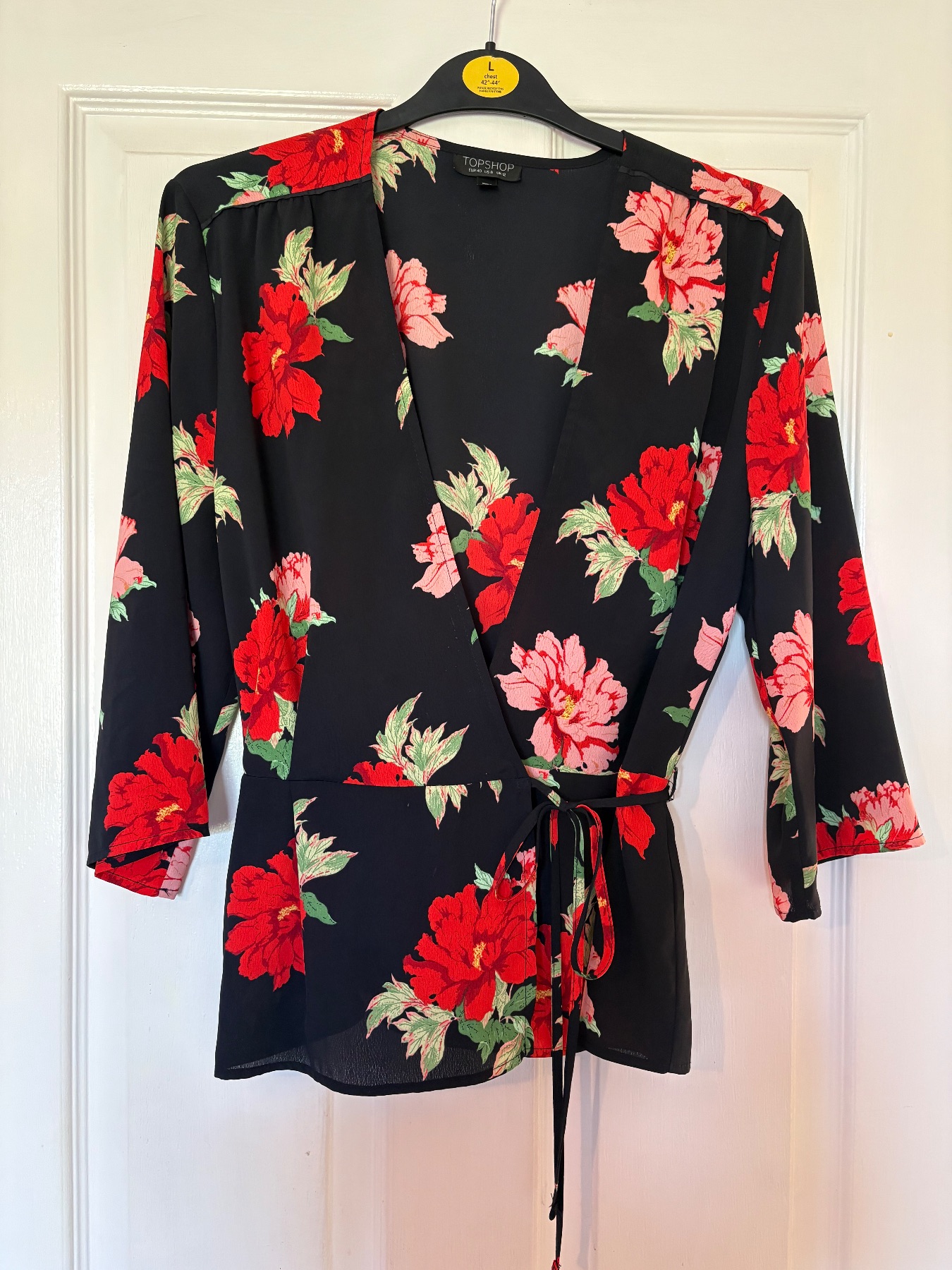 Topshop, red & black, floral pattern, tie around, wrap top