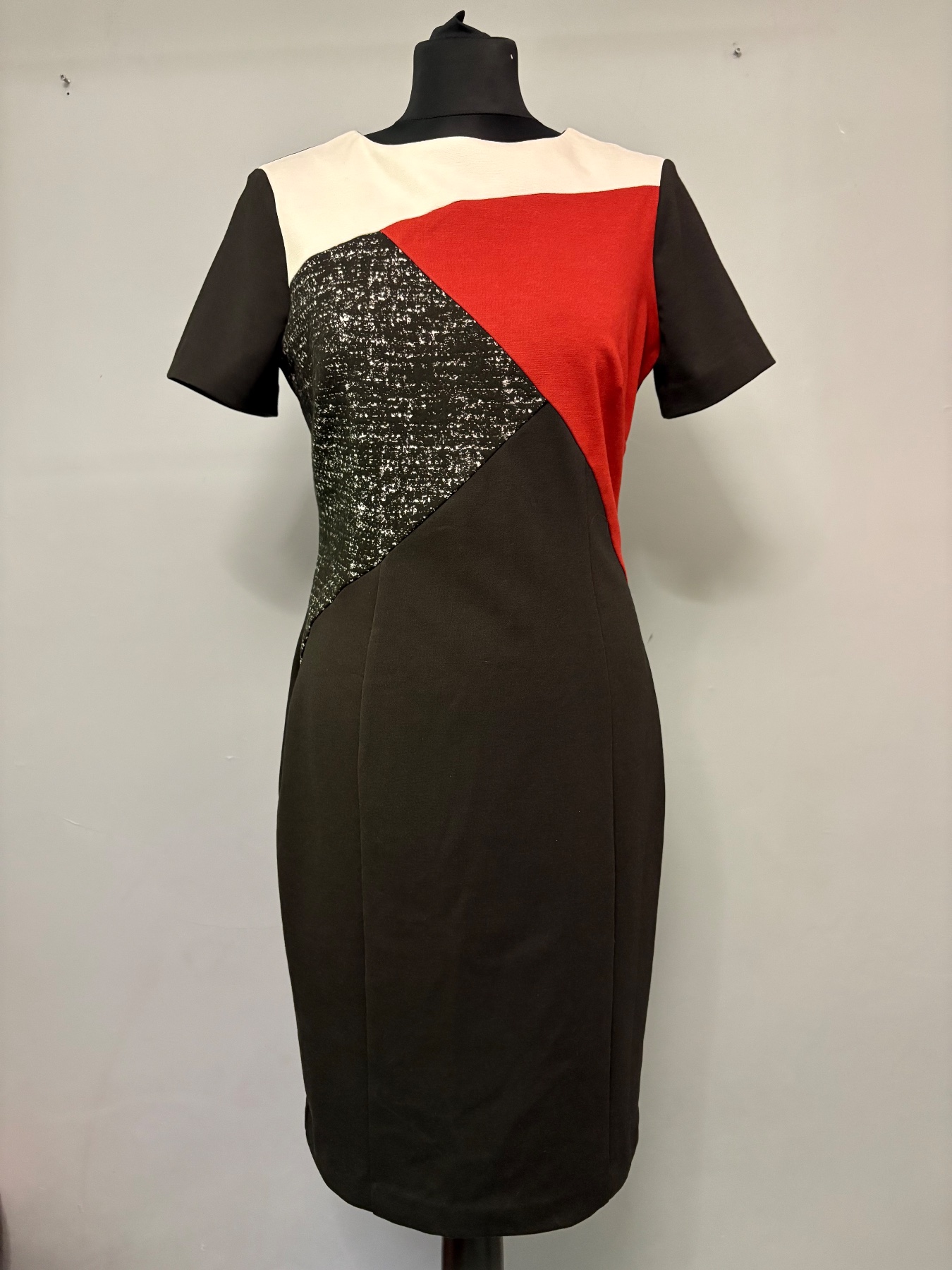 Black, white & red, asymmetric, colour block, formal/ work, pencil dress