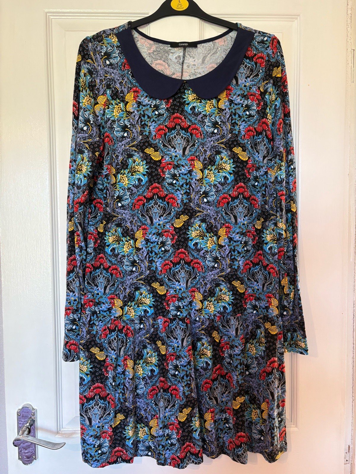Blue, floral pattern, Peter Pan collar, long sleeve, casual dress