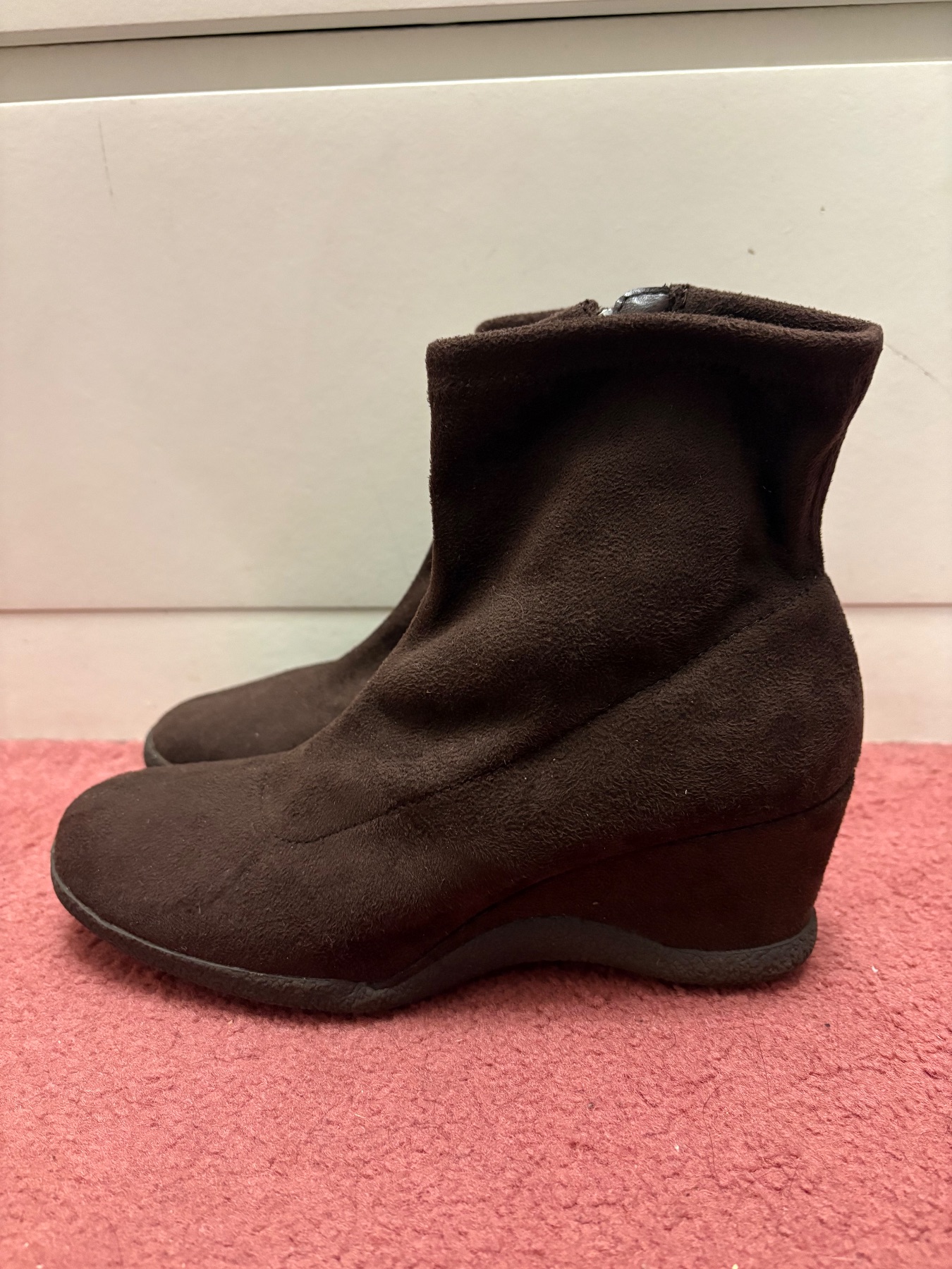 Brown, faux suede, wedge heel, slouchy, ankle boot