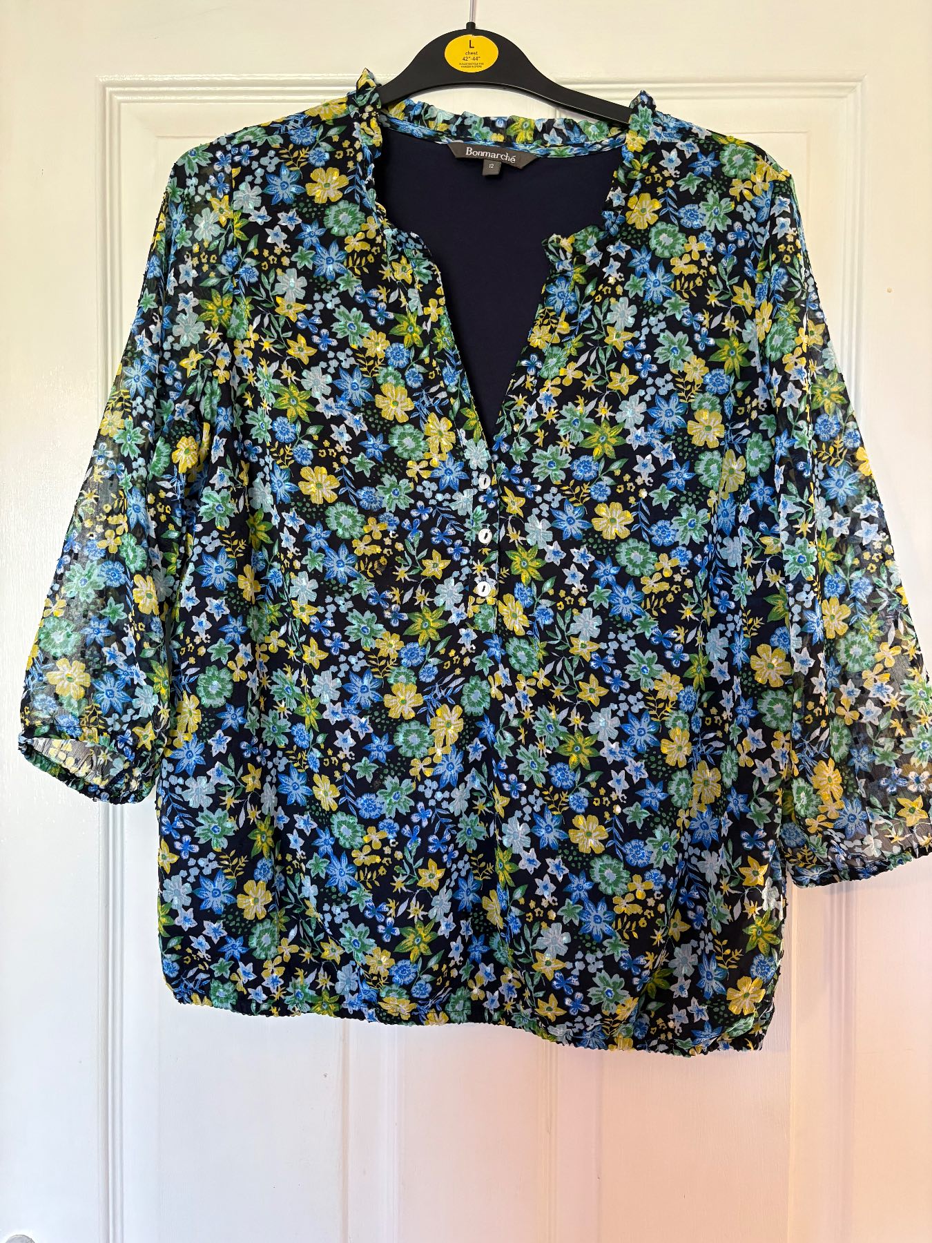 Bonmarché, blue & green, chiffon, floral pattern, button up, blouse top